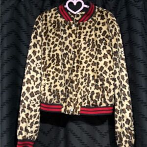Leopard Print Bomber Jacket with Red Accents